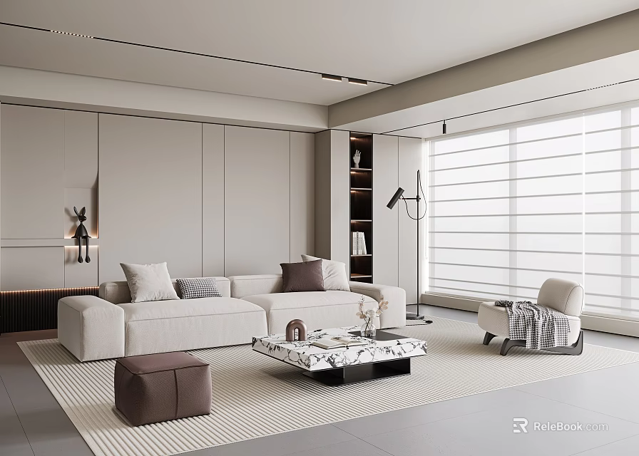 Modern Living Room With Beige Sofa Marble Coffee Table And Floor to Ceiling Blinds 3d model 