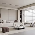 Modern Living Room With Beige Sofa Marble Coffee Table And Floor to Ceiling Blinds