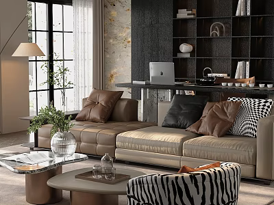 Modern Living Room Interior Design With Beige Leather Sofa Brown Black Cushions Zebra Print Chair 3d model