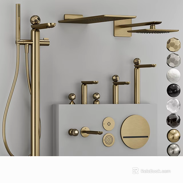 Golden Modern Shower System With Faucets Handles And Bathroom Accessories 3d model 