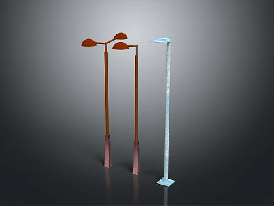 Brown And White Street Lamps With Double And Single Light Heads And Metal Bases 3d model