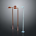 Brown And White Street Lamps With Double And Single Light Heads And Metal Bases