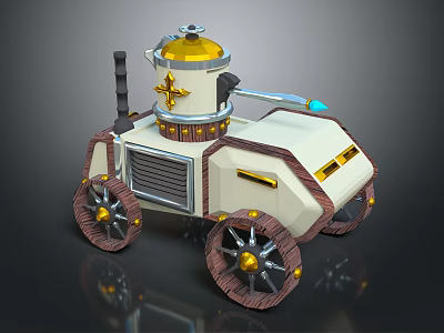 3D Rendered Steampunk Vehicle With Yellow Top White Body Brown Wheels Gold Accents Blue Light 3d model