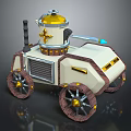 3D Rendered Steampunk Vehicle With Yellow Top White Body Brown Wheels Gold Accents Blue Light