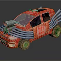 Red Modified Car With Multiple Exhaust Pipes NEE Logo And Worn Tires