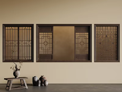 Traditional Lattice Windows on Beige Wall with Small Wooden Table and Ceramic Vases 3d model