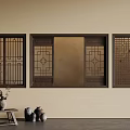 Traditional Lattice Windows on Beige Wall with Small Wooden Table and Ceramic Vases