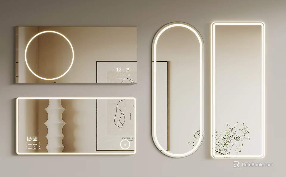 Modern Decorative Mirrors With LED Lighting And Various Shapes For Home Interior 3d model 