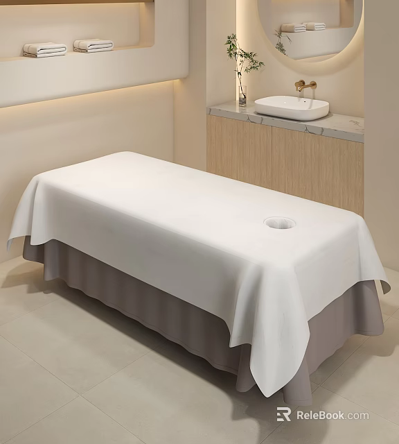 Serene SPA Room With White Massage Table Wooden Cabinet And Sink 3d model 