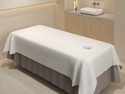 Serene SPA Room With White Massage Table Wooden Cabinet And Sink 3d model