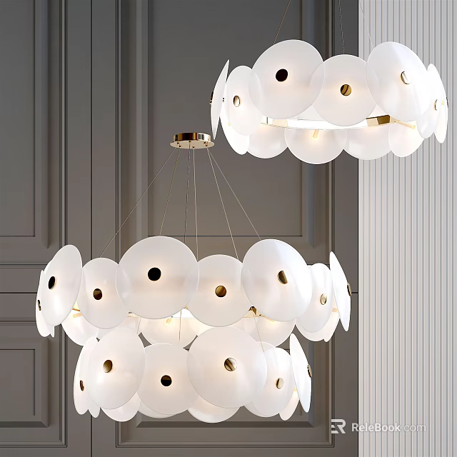 Modern Chandelier With Multiple White Circular Shades And Gold Accents In Interior Space 3d model 