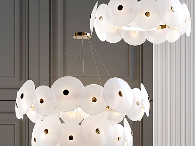 Modern Chandelier With Multiple White Circular Shades And Gold Accents In Interior Space 3d model