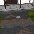 Gray And Brown Stone Slab Ground With Circular Decorative Elements And Green Lawn