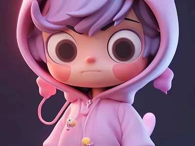 Cute Cartoon Sculpture With Purple Hair Pink Hoodie Small Pendant And Angry Look 3d model