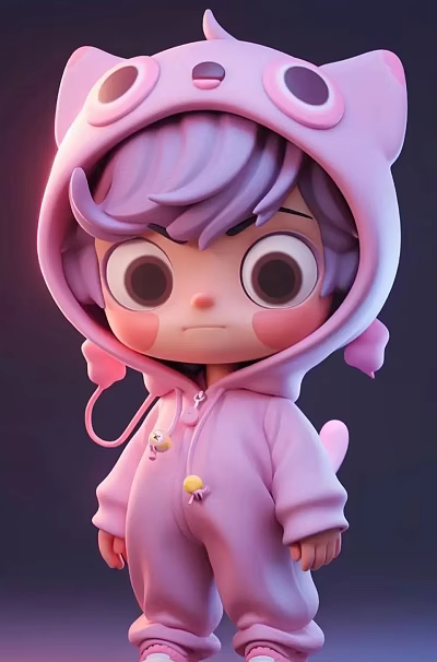 Cute Cartoon Sculpture With Purple Hair Pink Hoodie Small Pendant And Angry Look 3d model