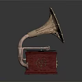 Vintage Phonograph with Brass Horn Red Wooden Base and Black Vinyl Record