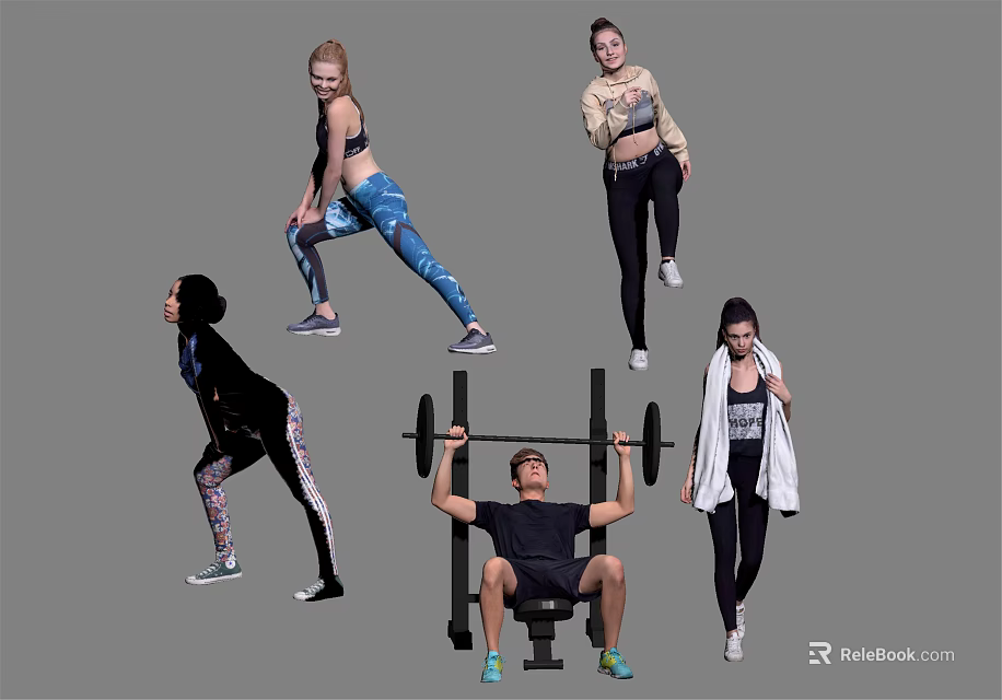 People Doing Various Fitness Activities Including Squats Lifting Weights And Stretching 3d model 