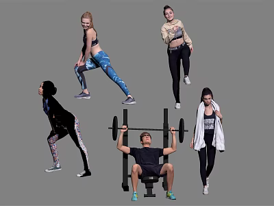 People Doing Various Fitness Activities Including Squats Lifting Weights And Stretching 3d model