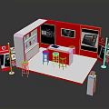 Household Items Display Booth With Red And White Design Screens Stools And Brochures