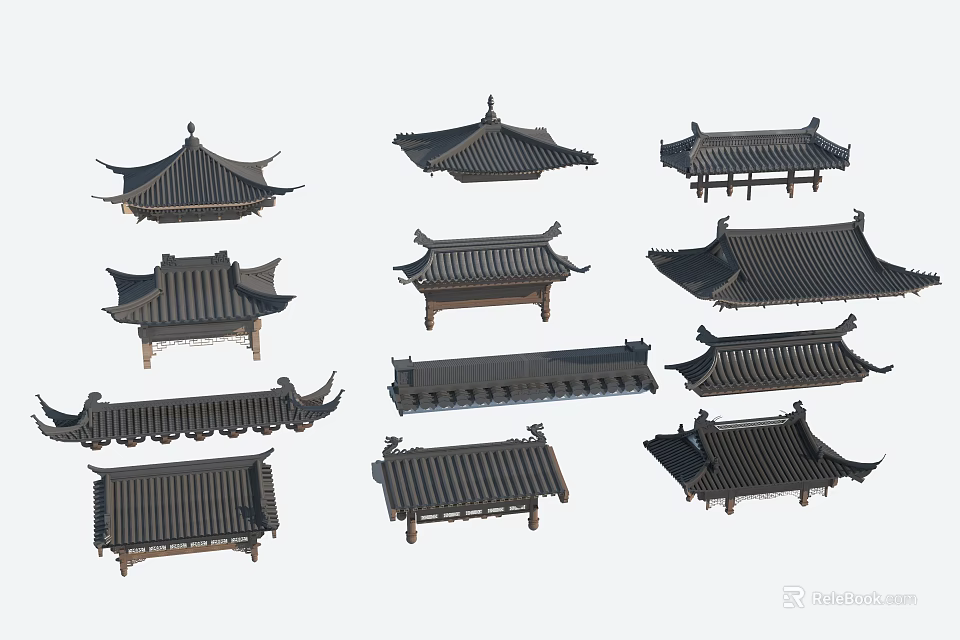 Various Traditional Chinese Roof Components With Classic Eave And Tile Designs 3d model 