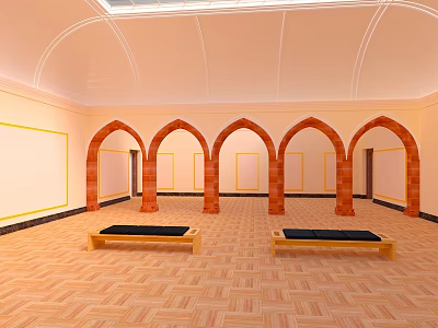 Spacious Interior Hall With Arched Brick Columns Wooden Floor And Yellow Bordered Walls With Benches 3d model