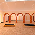 Spacious Interior Hall With Arched Brick Columns Wooden Floor And Yellow Bordered Walls With Benches