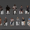 Diverse Group of People Sitting on White Stools in Casual Poses Against a Gray Background