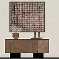Wooden Entryway Console Table With Textured Design Decorative Wall Art Ceramic Vase and Candle Holders