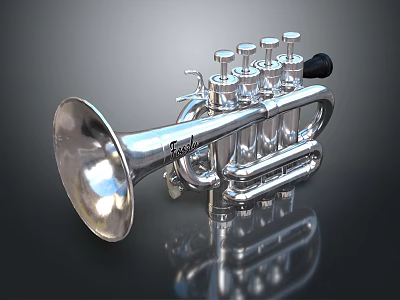 Shiny Silver Trumpet Musical Instrument with Valves and Bell Surface 3d model