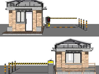 Brick Security Booth With Roof Window Door And Barrier Gate Warning Posts 3d model