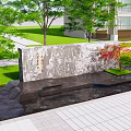 Natural Scenic Feature Wall Design With Stone Texture Trees And Green Lawn