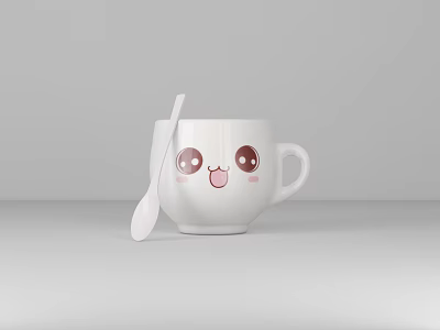 White Cup With Cute Cartoon Smiling Face And White Spoon Beside Simple Gray Background 3d model
