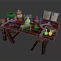 Wooden Table With Alchemy Tools Open Book Vials Scrolls And Magical Items