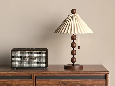 Modern Table Lamp With Pleated Shade And Wooden Base Next To Marshall Radio On Wooden Cabinet 3d model