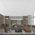 Modern Hotel Lobby Interior With Comfortable Seating Coffee Table Bookshelves And Floor To Ceiling Windows