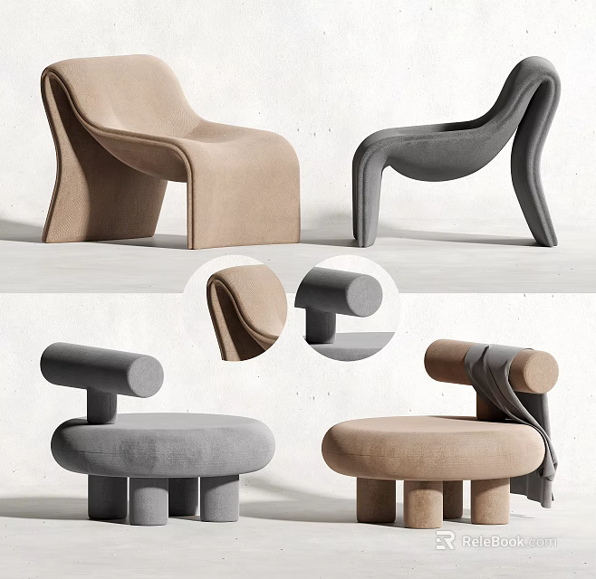 Modern Single Sofa In Beige And Gray With Curved Backrest And Round Armrest Design 3d model 