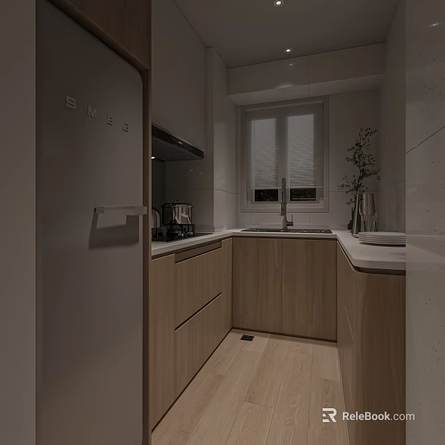 Modern Kitchen Interior with Light Wood Cabinets and White Countertops Stainless Steel Appliances Window Blinds 3d model 