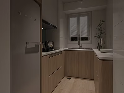 Modern Kitchen Interior with Light Wood Cabinets and White Countertops Stainless Steel Appliances Window Blinds 3d model