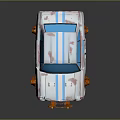 Cartoon Style White Car With Blue Windows Red Stripes Number 1 And Orange Mechanical Wheels