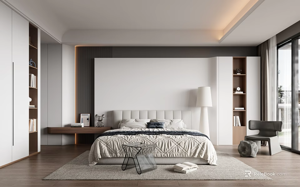 Modern Minimalist Bedroom Interior With Bed Nightstand Bookshelf Rug Chair And Table Lamp 3d model 