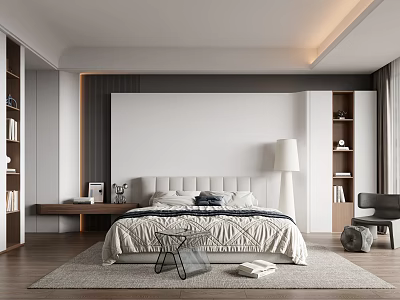 Modern Minimalist Bedroom Interior With Bed Nightstand Bookshelf Rug Chair And Table Lamp 3d model