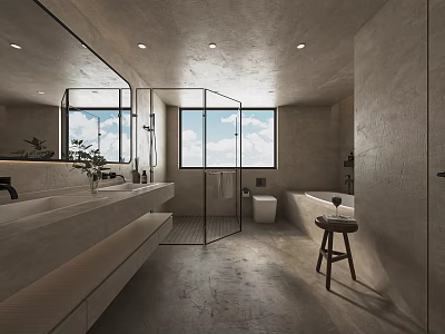 Modern Bathroom Interior Design With Large Window Natural Light Vanity Shower Area And Bathtub 3d model