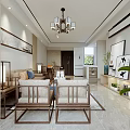 Chinese Style Living And Dining Room Interior With Sofa Coffee Table And Decorative Paintings