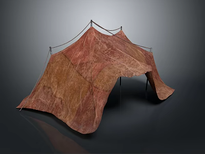 Rustic Brown Fabric Tent Structure With Support Poles And Pleated Canopy Design 3d model