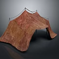 Rustic Brown Fabric Tent Structure With Support Poles And Pleated Canopy Design