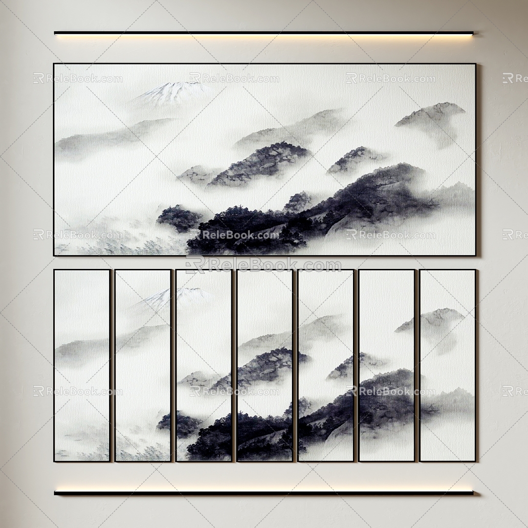 New Chinese background wall painting mural cloth landscape painting 3d model