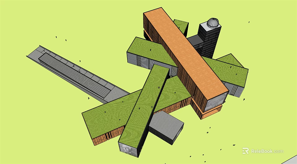 Modern Museum Building Featuring Geometric Design Green Roof And Orange Facade 3d model 