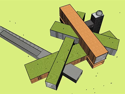 Modern Museum Building Featuring Geometric Design Green Roof And Orange Facade 3d model