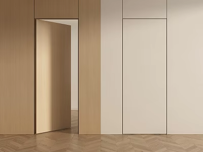 Open Wooden and Closed White Hinged Door with Wooden Wall and Herringbone Floor 3d model