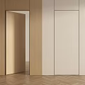 Open Wooden and Closed White Hinged Door with Wooden Wall and Herringbone Floor